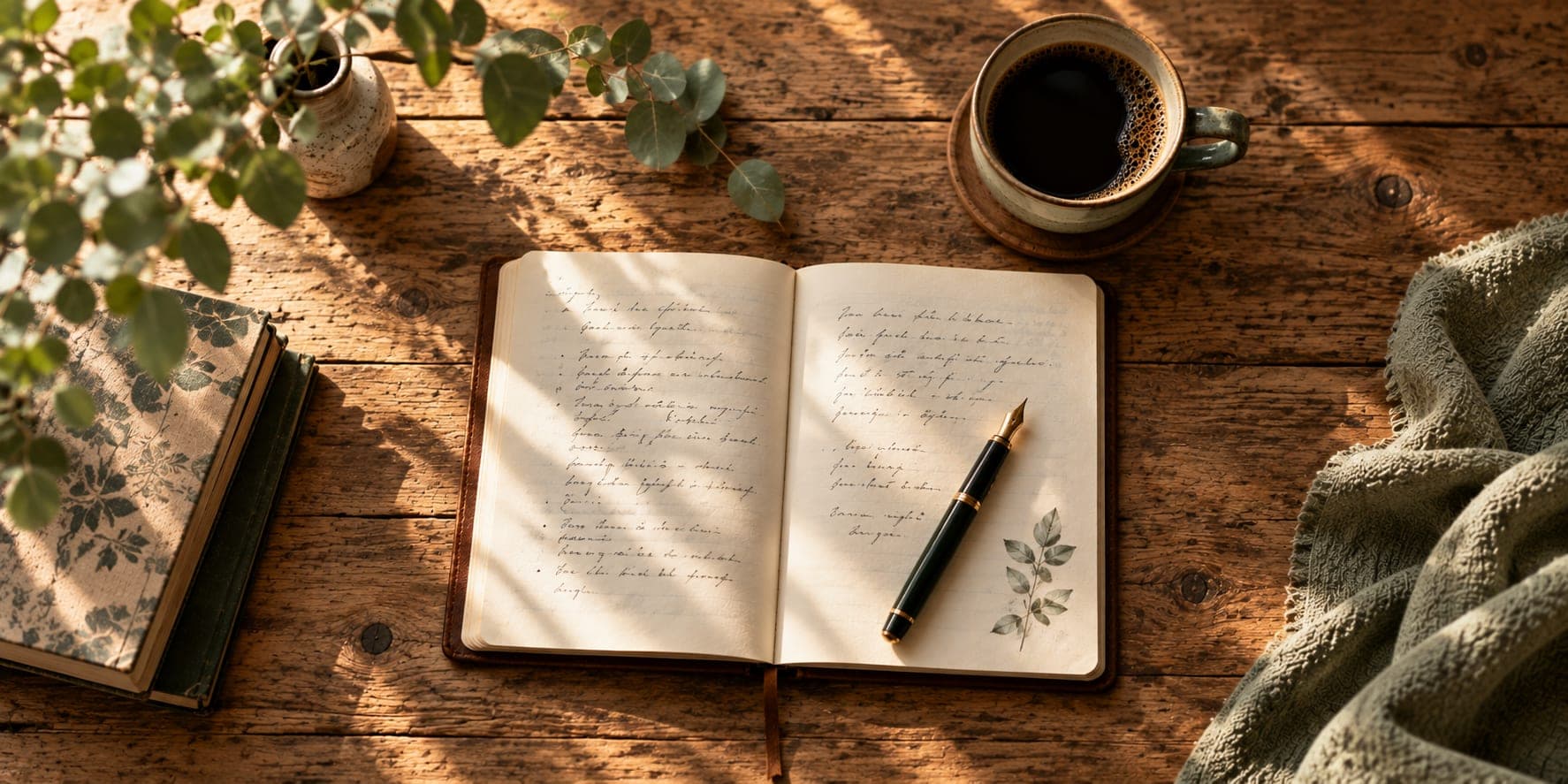 An open notebook and coffee on a table