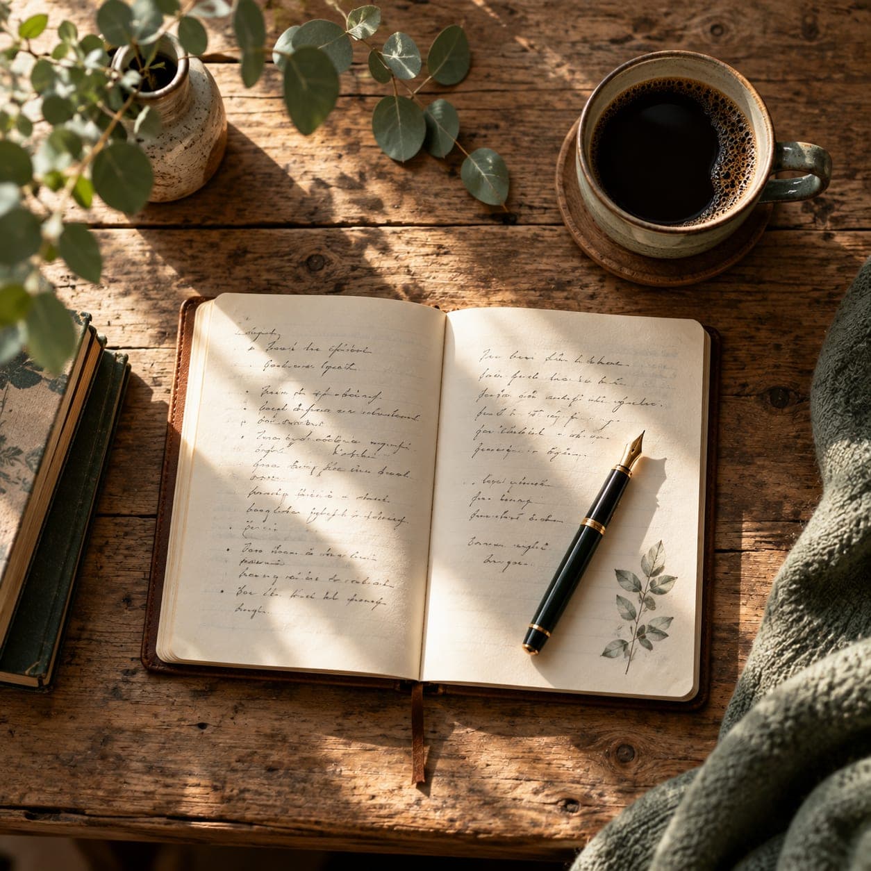 An open notebook and coffee