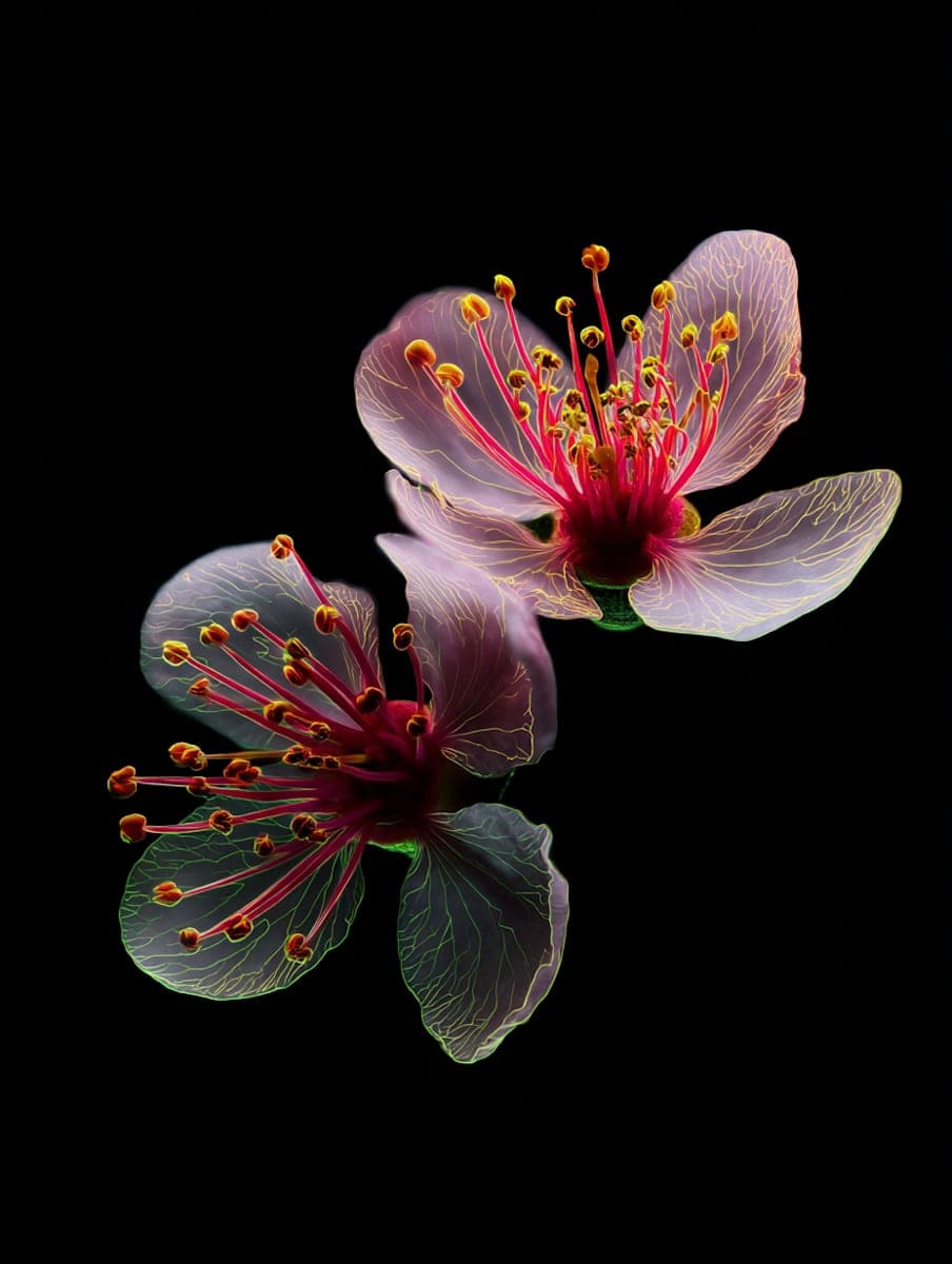 Two blossoms glowing against a dark background
