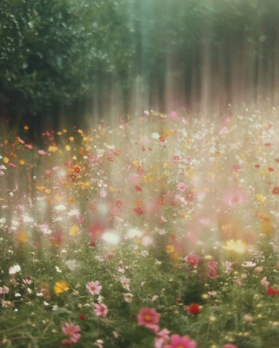 A soft-focus meadow of wildflowers at the edge of a forest