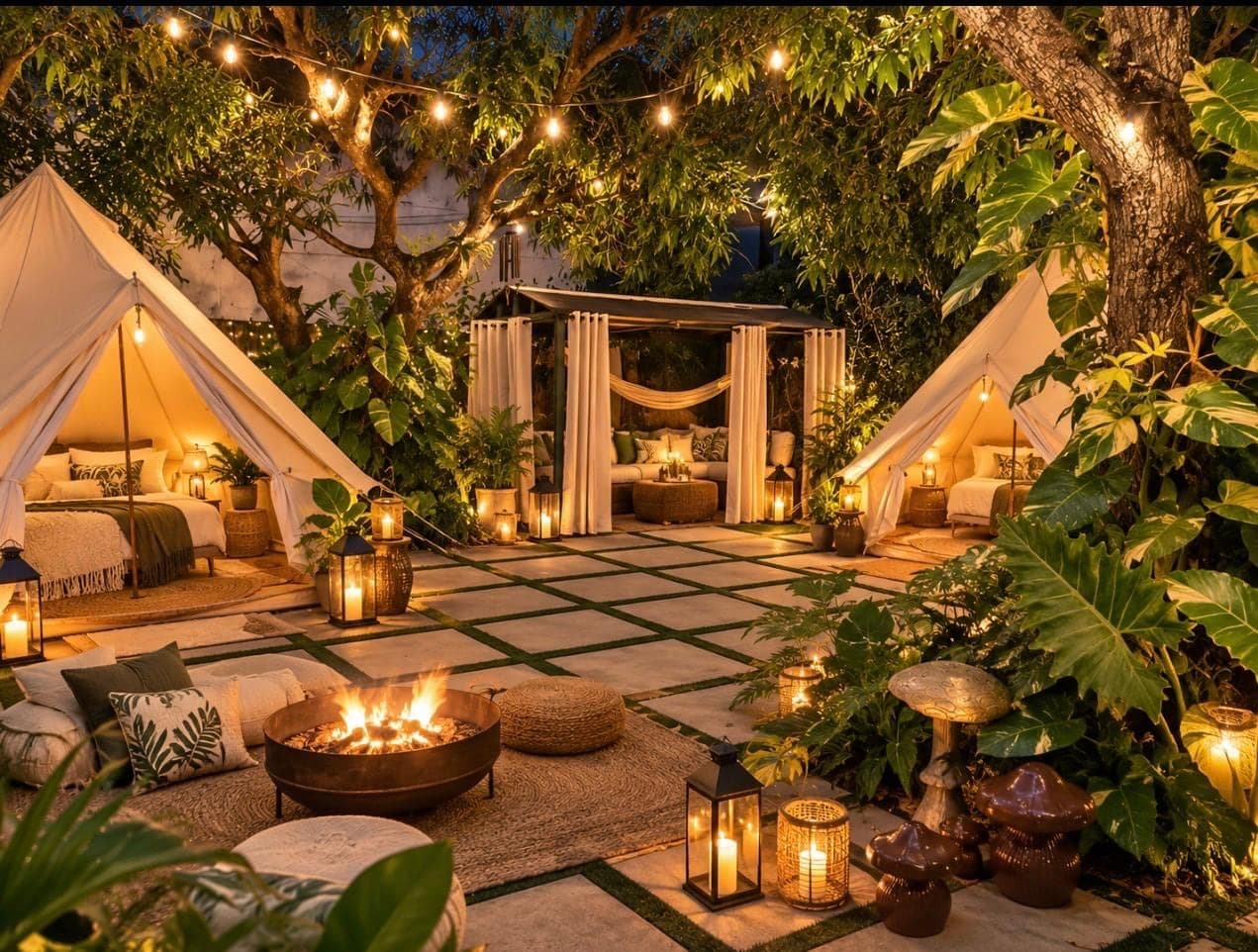 Bell tents, lanterns and a fire pit in a lush Miami garden at night